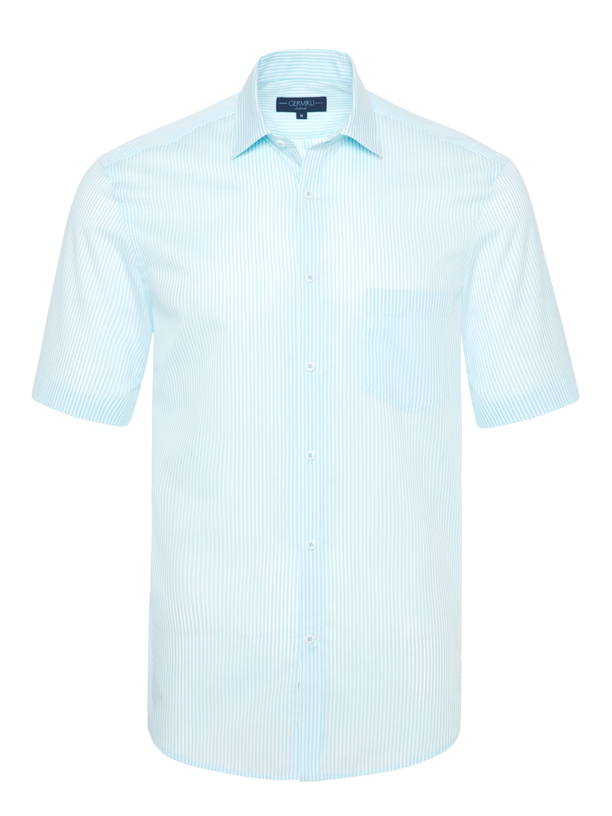 Germirli - Germirli Turkuaz Beyaz Çizgili Kısa Kollu Klasik Yaka Cepli Tailor Fit Gömlek