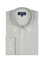Germirli Yeşil İnce Çizgili Düğmeli Yaka Tailor Fit Pamuk Keten Gömlek
