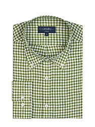 Germirli Yeşil Piti Kareli Düğmeli Yaka Tailor Fit Keten Gömlek